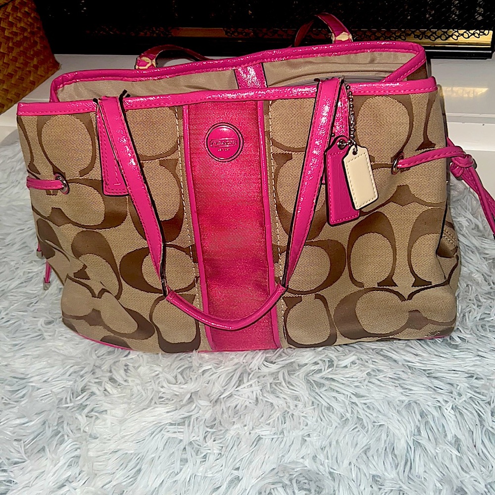 COPY - Coach Signature Satchel Bag Purse Silver Khaki Mulberry Pink F21949